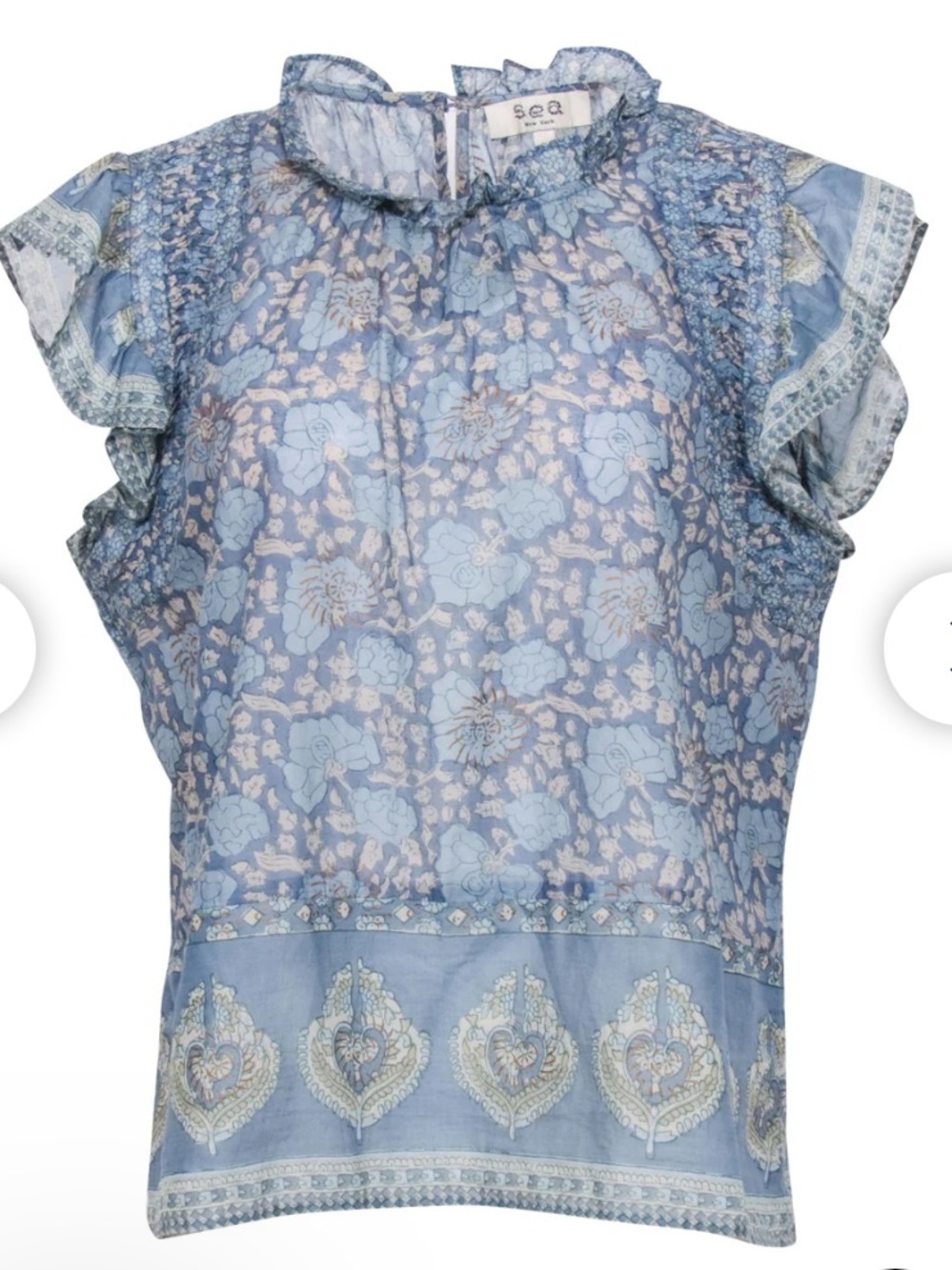 Sea New York Light Blue Floral Ruffle-Sleeve Top